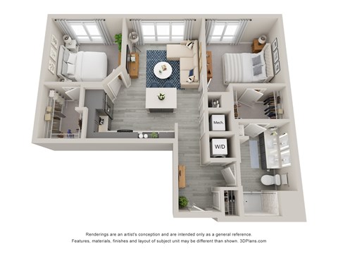 Floor plan for 2 beds, 1 bath, 878 sqft